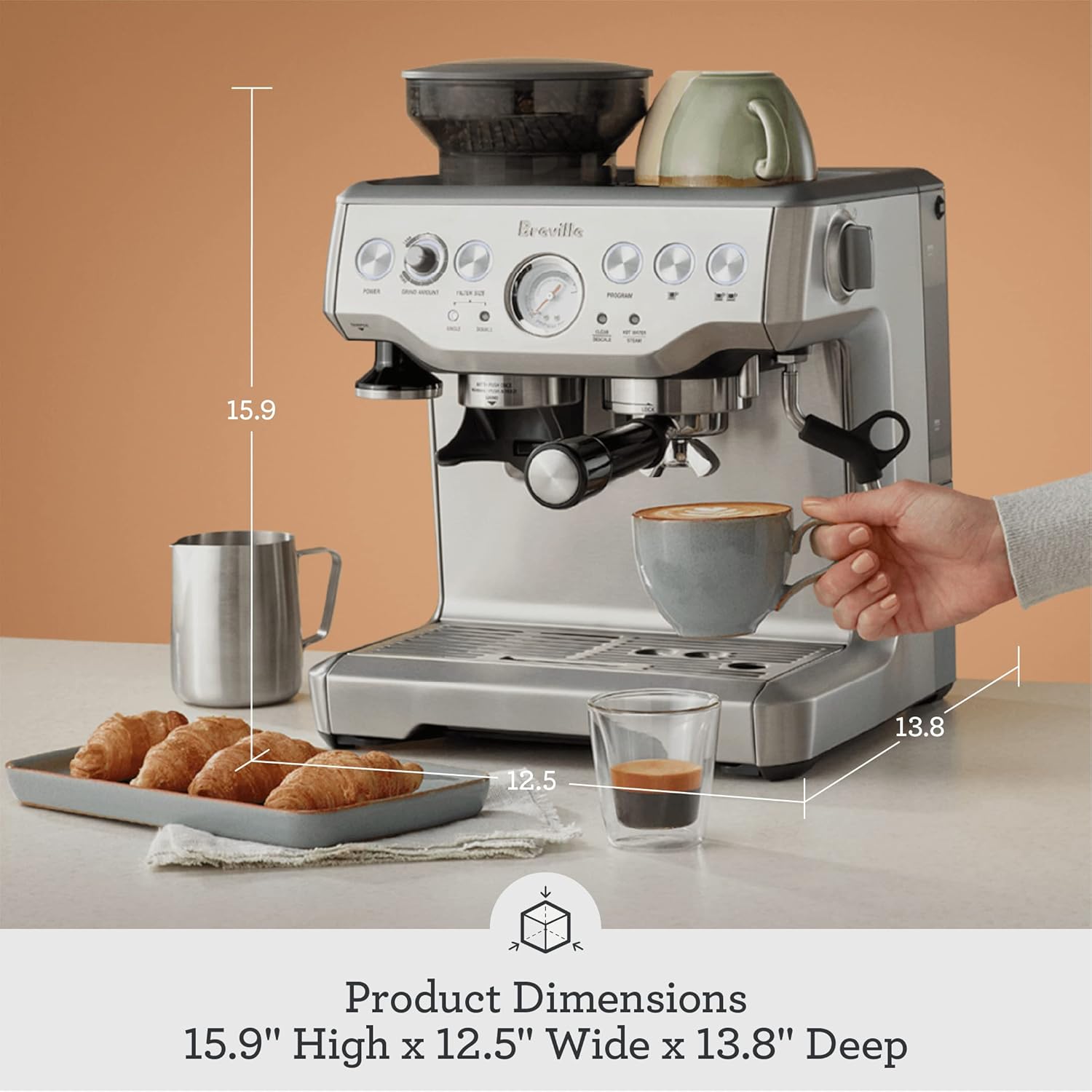 Breville BES880BSS Barista Touch Espresso Machine, Brushed Stainless Steel | Pull barista-quality espresso shots, lattes and cappuccinos at home with semi-automatic coffee maker with built-in grinder